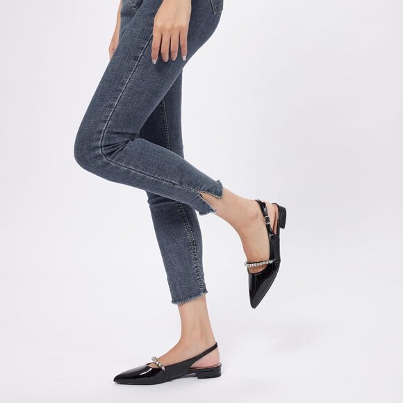 WomenBlack Patent Polyurethane (PU) Rhinestone Pointed Toe Slingback Flats Shoes - Picture 8 of 9